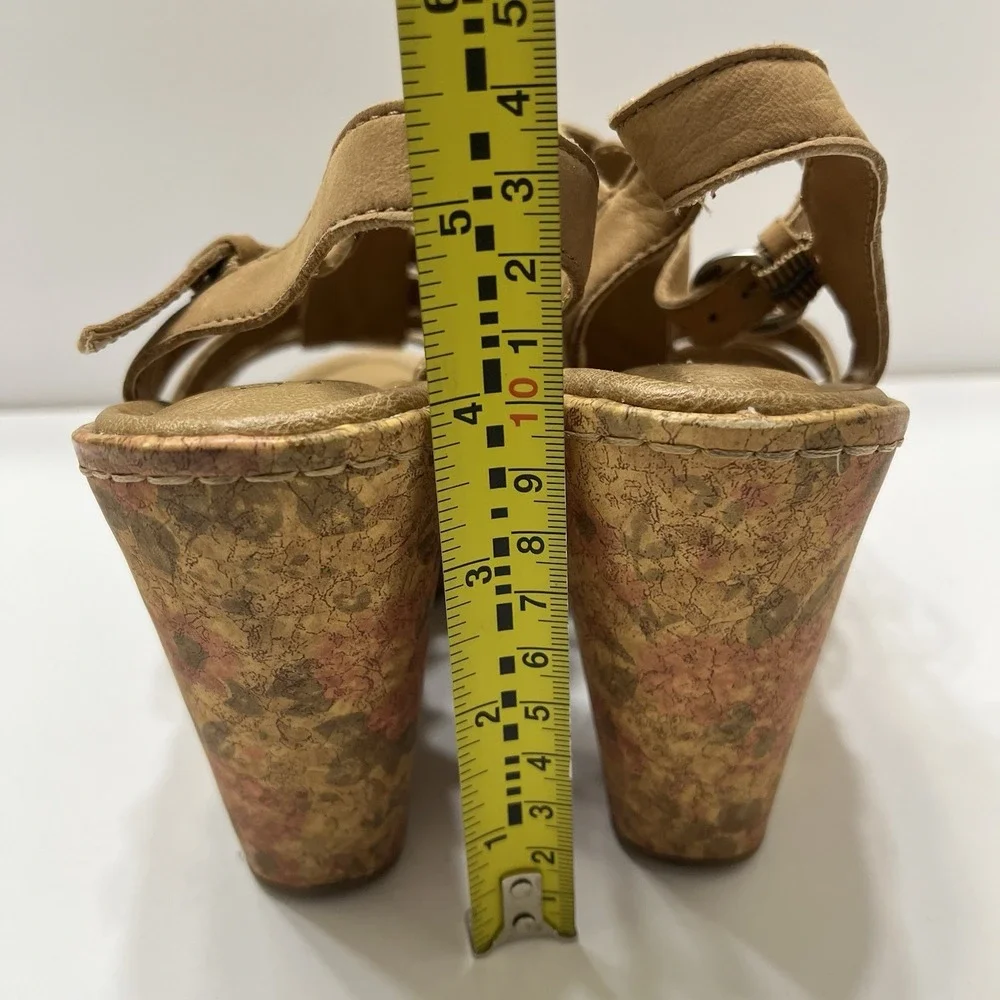 b.ø.c By Born Wedge Floral Cork Sole Sandals Brown Leather Cross Straps 6.5